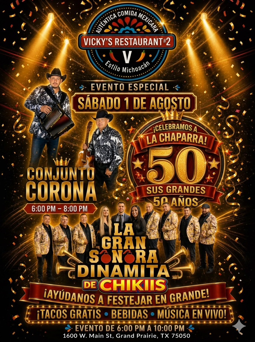 Birthday event flyer for La Chaparra's 50th celebration at Vicky's Restaurant #2